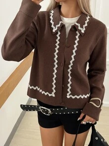 Livesso Women's Autumn/Winter Casual Embroidered Patchwork Cardigan - Coffee Brown - View 6