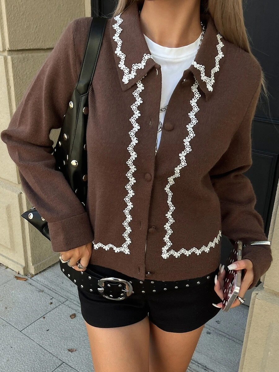 Livesso Women's Autumn/Winter Casual Embroidered Patchwork Cardigan - Coffee Brown - View 1