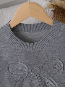 SHEIN Tween Girl) Fashionable Cute Knit Set, Hand-Embroidered Bow Knit Sweater Top + Pleated Knit Skirt Autumn Fall Pullover - Grey - View 9