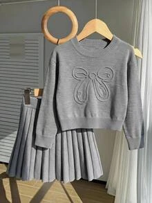 SHEIN Tween Girl) Fashionable Cute Knit Set, Hand-Embroidered Bow Knit Sweater Top + Pleated Knit Skirt Autumn Fall Pullover - Grey - View 5