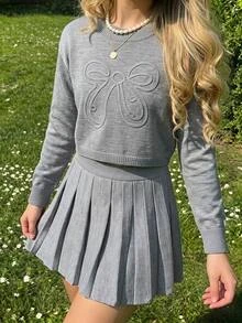 SHEIN Tween Girl) Fashionable Cute Knit Set, Hand-Embroidered Bow Knit Sweater Top + Pleated Knit Skirt Autumn Fall Pullover - Grey - View 10