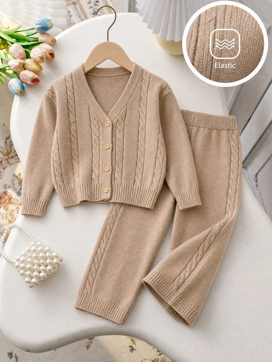 Setelan Rajut Cardigan Lengan Panjang dan Celana Panjang Motif Kabel untuk Anak Perempuan, Cocok untuk Musim Gugur/Musim Dingin, Pakaian Kembali ke Sekolah untuk Anak Perempuan. - Khaki - View 1