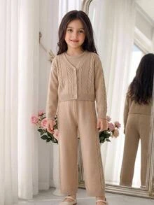 Setelan Rajut Cardigan Lengan Panjang dan Celana Panjang Motif Kabel untuk Anak Perempuan, Cocok untuk Musim Gugur/Musim Dingin, Pakaian Kembali ke Sekolah untuk Anak Perempuan. - Khaki - View 8