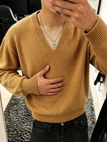 Claim Dot Men's Casual Versatile Solid Color Sweater - Yellow - View 3