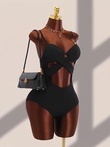 SHEIN Swim Summer Beach Solid Criss Cross Push Up One Piece Swimsuit - Black - View 6