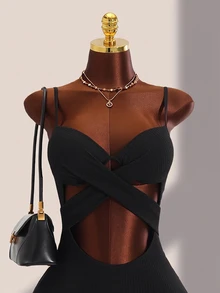 SHEIN Swim Summer Beach Solid Criss Cross Push Up One Piece Swimsuit - Black - View 7