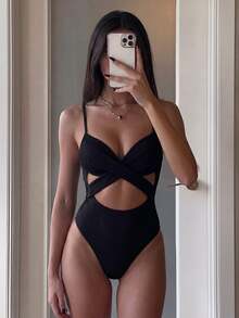 SHEIN Swim Summer Beach Solid Criss Cross Push Up One Piece Swimsuit - Black - View 4
