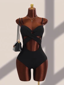 SHEIN Swim Summer Beach Solid Criss Cross Push Up One Piece Swimsuit - Black - View 5