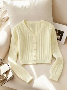 SHEIN Tween Girl Solid Color Long Sleeve Single-Breasted Casual Knit Cardigan Autumn Fall For Tween GirlsIdeal Outerwear To Pair With Camisole Dresses - Yellow - View 3
