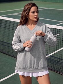 EMERY ROSE Plus Size Women's Solid Color V-Neck Casual Everyday Long Sleeve Sweatshirt - Light Grey - View 6
