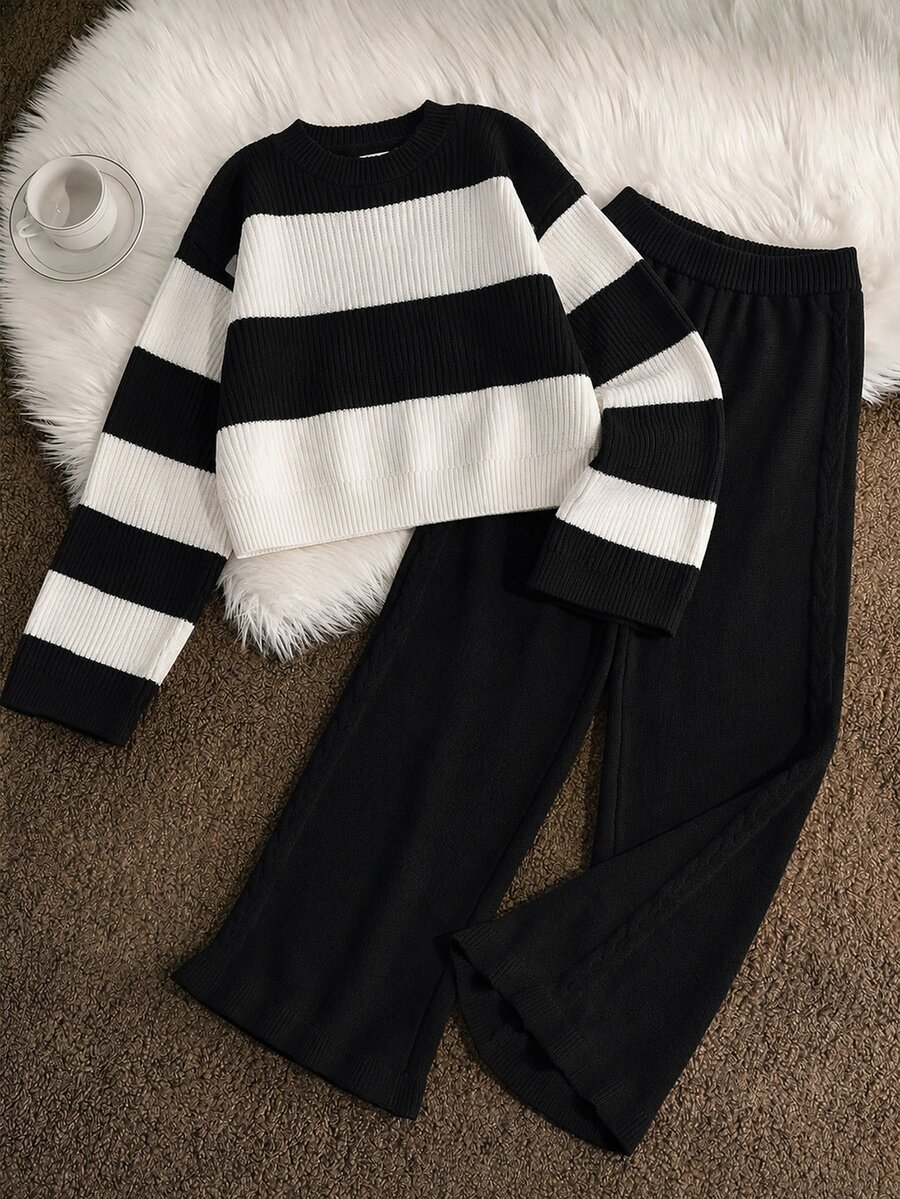 SHEIN Tween Girl Striped Crew Neck Long Sleeve Sweater And Knit Pants Casual Set Autumn Fall Pullover