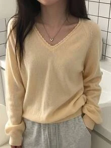 DAZY Solid Color Loose V-Neck Long Sleeve Casual Vacation Spring Autumn Knit Sweater For Women - Yellow - View 1