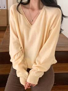 DAZY Solid Color Loose V-Neck Long Sleeve Casual Vacation Spring Autumn Knit Sweater For Women - Yellow - View 3
