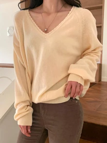 DAZY Solid Color Loose V-Neck Long Sleeve Casual Vacation Spring Autumn Knit Sweater For Women - Yellow - View 9