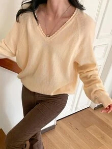 DAZY Solid Color Loose V-Neck Long Sleeve Casual Vacation Spring Autumn Knit Sweater For Women - Yellow - View 4
