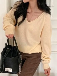 DAZY Solid Color Loose V-Neck Long Sleeve Casual Vacation Spring Autumn Knit Sweater For Women - Yellow - View 5