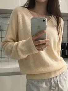 DAZY Solid Color Loose V-Neck Long Sleeve Casual Vacation Spring Autumn Knit Sweater For Women - Yellow - View 8