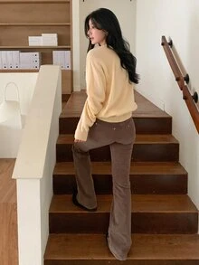 DAZY Solid Color Loose V-Neck Long Sleeve Casual Vacation Spring Autumn Knit Sweater For Women - Yellow - View 7