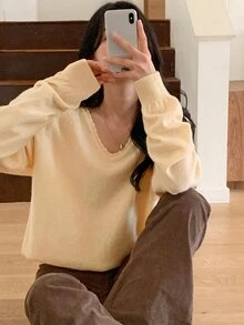 DAZY Solid Color Loose V-Neck Long Sleeve Casual Vacation Spring Autumn Knit Sweater For Women - Yellow - View 11