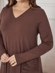 Lacomfia Autumn/Winter Elegant Casual Versatile V-Neck Pullover Textured Knit Loose Pocket Plus Size Women Long Dress - Brown - View 6