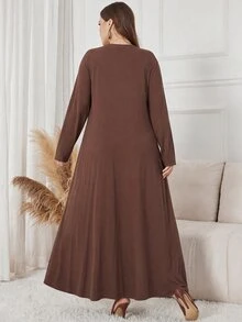 Lacomfia Autumn/Winter Elegant Casual Versatile V-Neck Pullover Textured Knit Loose Pocket Plus Size Women Long Dress - Brown - View 2