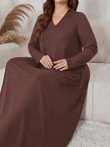 Lacomfia Autumn/Winter Elegant Casual Versatile V-Neck Pullover Textured Knit Loose Pocket Plus Size Women Long Dress - Brown - View 5