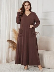 Lacomfia Autumn/Winter Elegant Casual Versatile V-Neck Pullover Textured Knit Loose Pocket Plus Size Women Long Dress - Brown - View 3