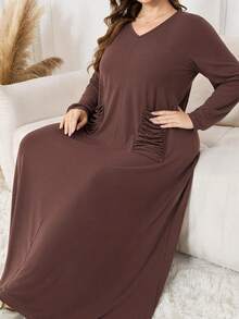 Lacomfia Autumn/Winter Elegant Casual Versatile V-Neck Pullover Textured Knit Loose Pocket Plus Size Women Long Dress - Brown - View 7
