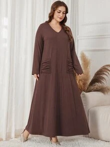 Lacomfia Autumn/Winter Elegant Casual Versatile V-Neck Pullover Textured Knit Loose Pocket Plus Size Women Long Dress - Brown - View 4