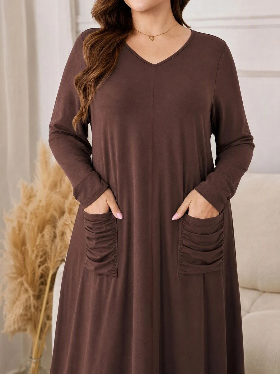 Lacomfia Autumn/Winter Elegant Casual Versatile V-Neck Pullover Textured Knit Loose Pocket Plus Size Women Long Dress - Brown - View 1