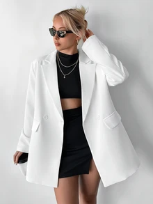 Ritzy Row Women's Casual Oversized Padded Shoulder Mid-Length Double-Breasted Blazer - White - View 7