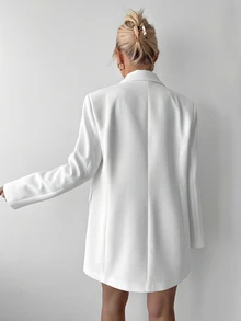 Ritzy Row Women's Casual Oversized Padded Shoulder Mid-Length Double-Breasted Blazer - White - View 5
