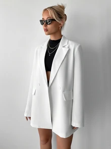 Ritzy Row Women's Casual Oversized Padded Shoulder Mid-Length Double-Breasted Blazer - White - View 8