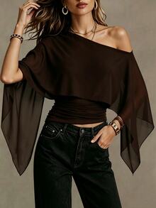 SHEIN Women's Solid Color Asymmetric Neck Fashion Blouse - Brown - View 7