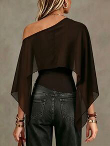 SHEIN Women's Solid Color Asymmetric Neck Fashion Blouse - Brown - View 5