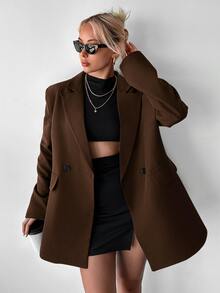 Ritzy Row Women's Casual Oversized Padded Shoulder Mid-Length Double-Breasted Blazer Jacket - Brown - View 6