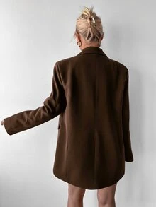 Ritzy Row Women's Casual Oversized Padded Shoulder Mid-Length Double-Breasted Blazer Jacket - Brown - View 4