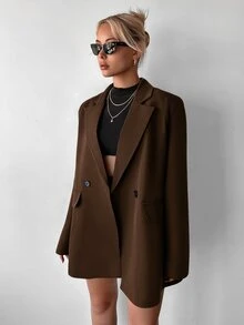 Ritzy Row Women's Casual Oversized Padded Shoulder Mid-Length Double-Breasted Blazer Jacket - Brown - View 8