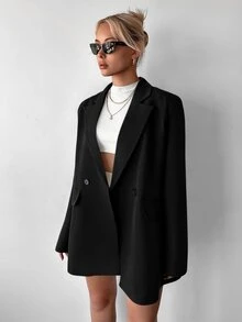 Ritzy Row Women's Casual Oversized Padded Shoulder Mid-Length Double-Breasted Blazer - Black - View 7