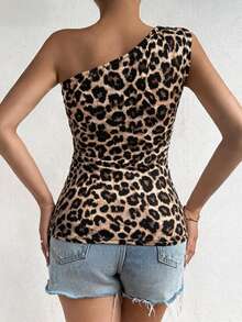 SHEIN Women's Leopard Print One Shoulder Ruched Fashion Sleeveless Top - Brown - View 5