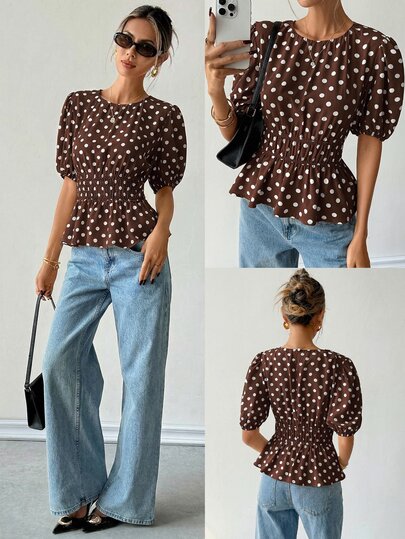 Ritzy Row Women's Polka Dot Print Puff Sleeve Shirt, Comfortable And Stylish For Commuting And Outdoor Wear, Spring/Summer