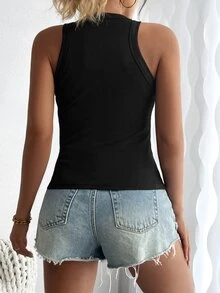 SHEIN Women Solid Color Casual Tank Top For Summer - Black - View 5