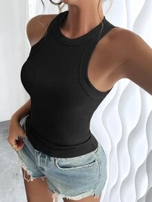 SHEIN Women's Casual Black Summer Everyday Solid Color Knit Ribbed Tank Top, Crop Gym Tops,Tight Fitted Racer Basic Workout Yoga Tanktops - Black - View 7