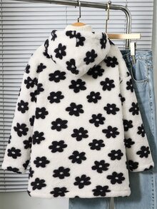 SHEIN Sparklyn 青少年女孩可愛冬季提花抓絨外套，休閒長袖連帽毛茸茸羊羔絨開襟鈕扣夾克，保暖加厚毛絨外穿上衣 - 白色 - 查看 4