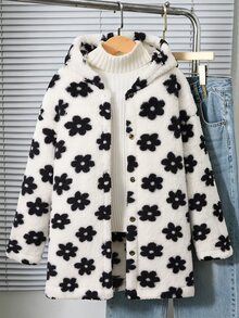 SHEIN Sparklyn 青少年女孩可愛冬季提花抓絨外套，休閒長袖連帽毛茸茸羊羔絨開襟鈕扣夾克，保暖加厚毛絨外穿上衣 - 白色 - 查看 3