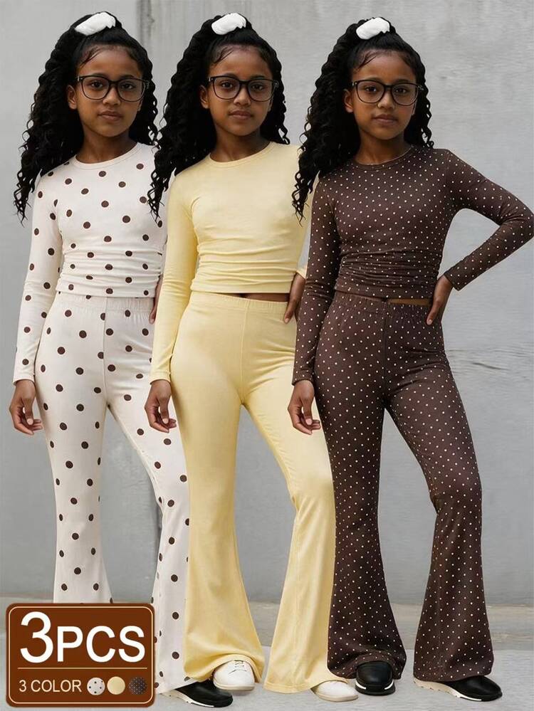 SHEIN Tween Girls T-Shirt Set, 3 Pieces Brown And White, Short Sleeve Top + Long Pants, Loose Fit, Casual 80s, Round Neck, Autumn, School Family Matching - Multicolor - View 1