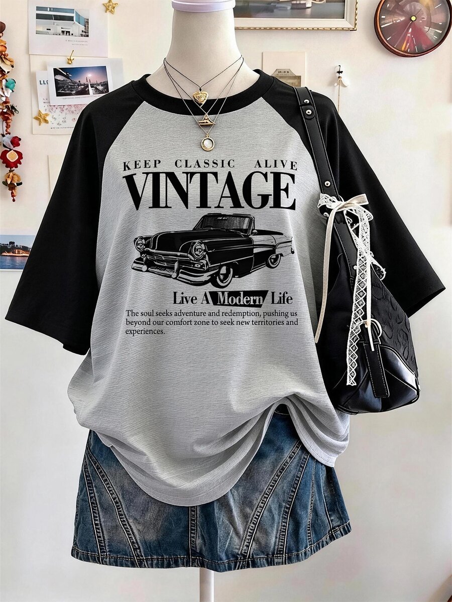 Lalippa Vintage Pattern Digital Print Fashion Minimalist Women's Raglan Sleeve Crew Neck Short Sleeve T-Shirt, Gift For Friends - Light Grey - View 1