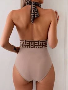 Swim Lushoire 女款度假幾何印花深V掛脖連身泳衣 - 彩色 - 查看 3