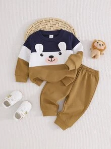 SHEIN Playful Pals 男嬰拼接色卡通印花運動衫與運動長褲套裝 秋冬款 - 彩色 - 查看 4