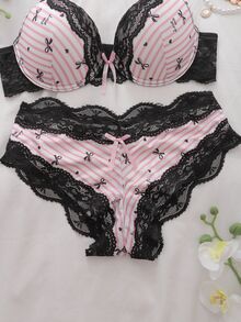 DelicateAllure 2 件粉色衬垫文胸和内裤套装，撞色条纹蝴蝶结装饰，支撑性好，可爱迷人女士内衣套装 - 粉色 - 查看 2
